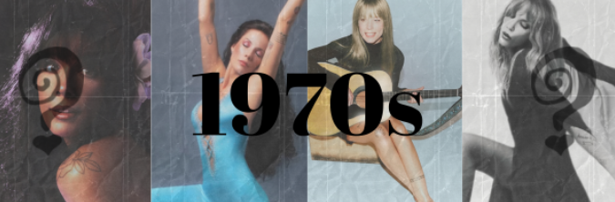 Stevie Nicks (Fleetwood Mac), Joni Mitchell, and Cher porfile images in a row with the text 1970s overlayed on top.